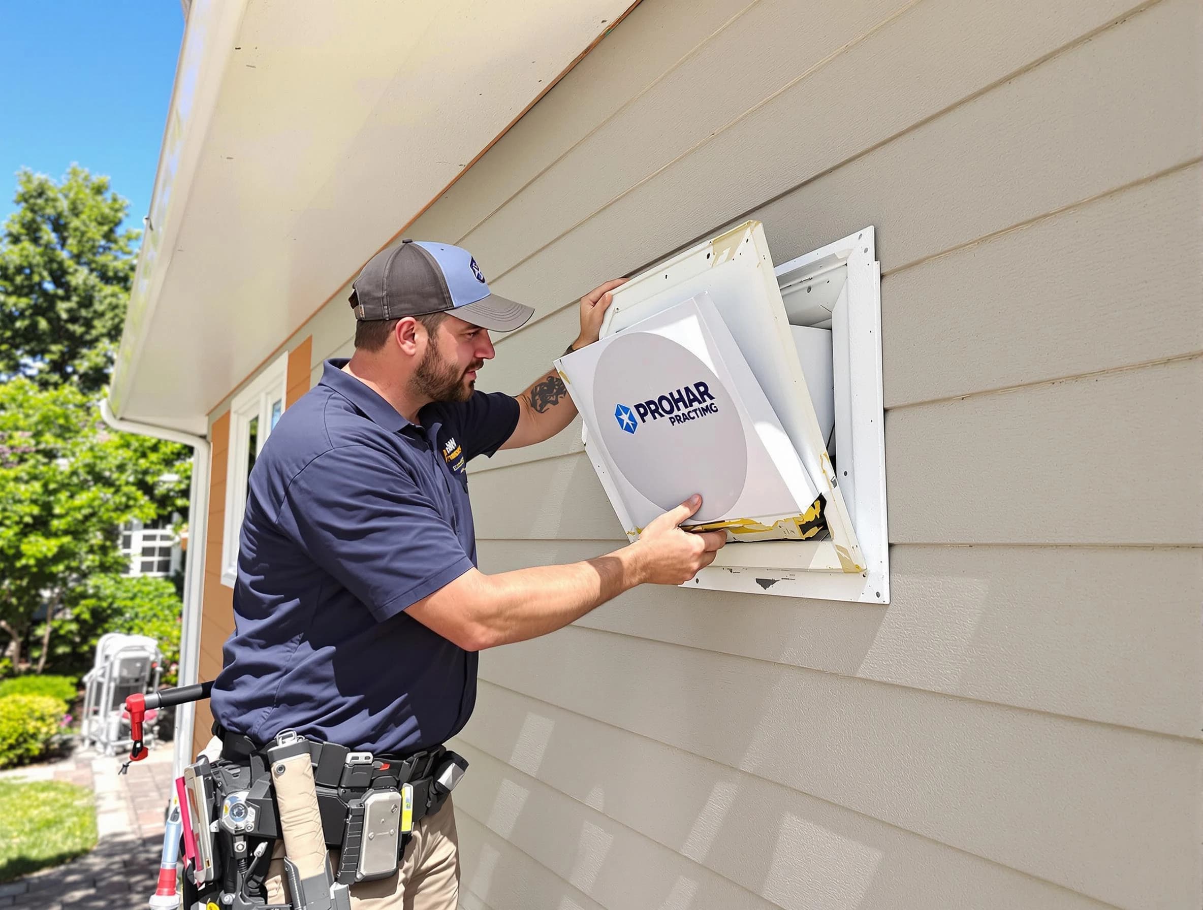 West View Dryer Vent Cleaning technician installing a new protective dryer vent cover on a home in West View