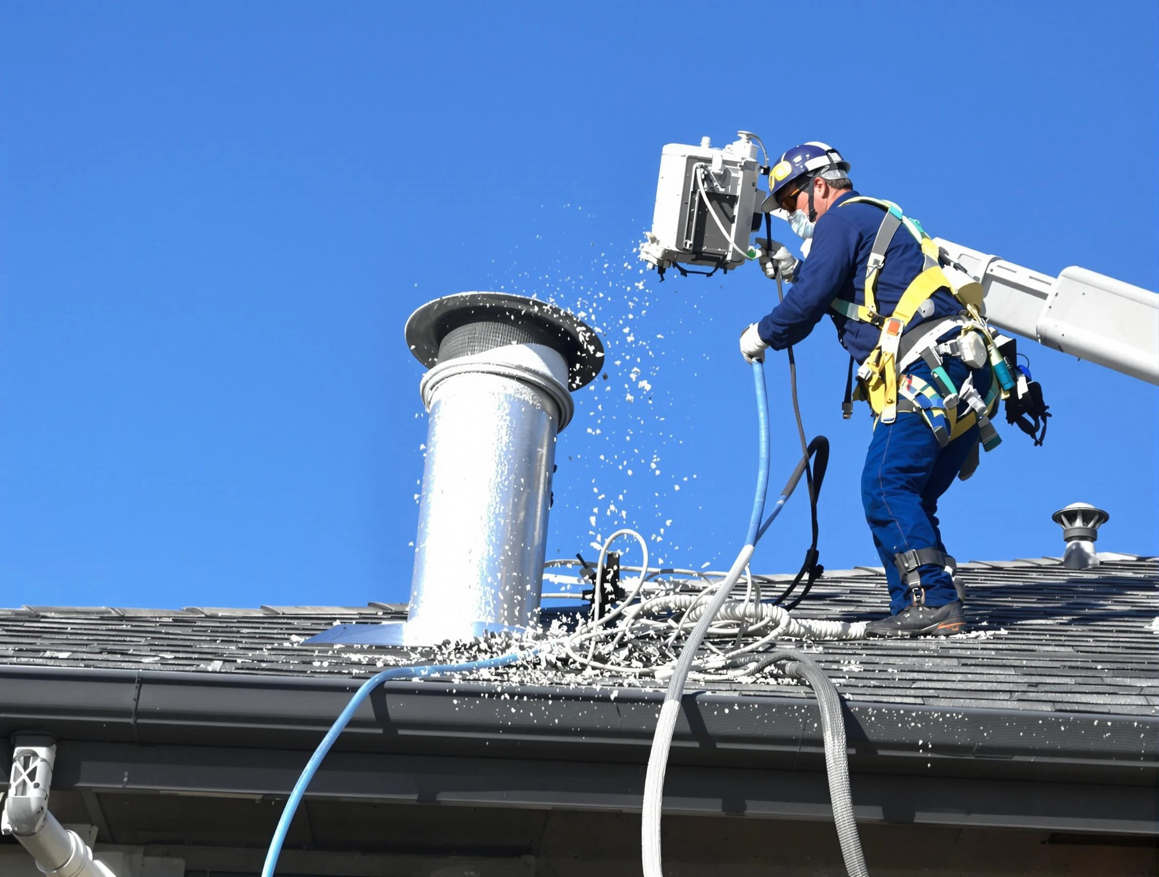 West View Dryer Vent Cleaning certified technician safely cleaning a roof-mounted dryer vent in West View